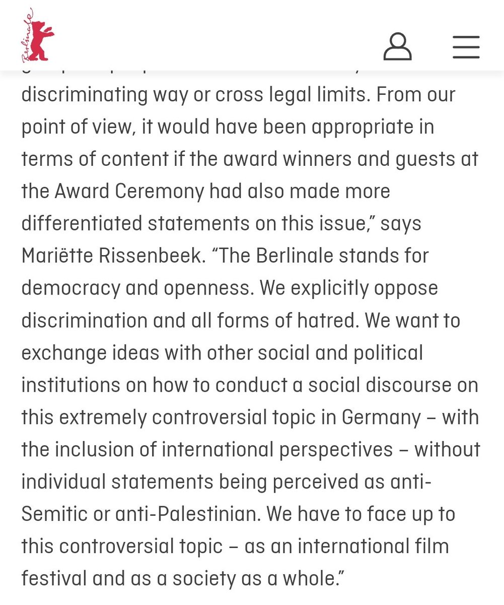 Calling the speeches made by filmmakers directly impacted by what's happening in Gaza 'one sided' and calling a genocide where Israel has the military advantage 'the war in the Middle East', makes it perfectly clear those running Berlinale do not stand with Palestinians. Cowards.