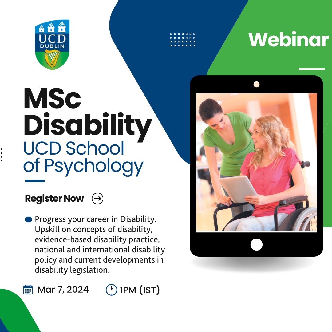 Would you like to join @UCD_CDS programmes? Don't miss the chance to study in #Ireland ! Join the webinar on March 7 at 1pm (Dublin time). University College Dublin!☘️ #neurodiversity #disability #autism #ADHD #ASD #IDD #dyslexia #dyscalculia #MScDisability #RareDiseases