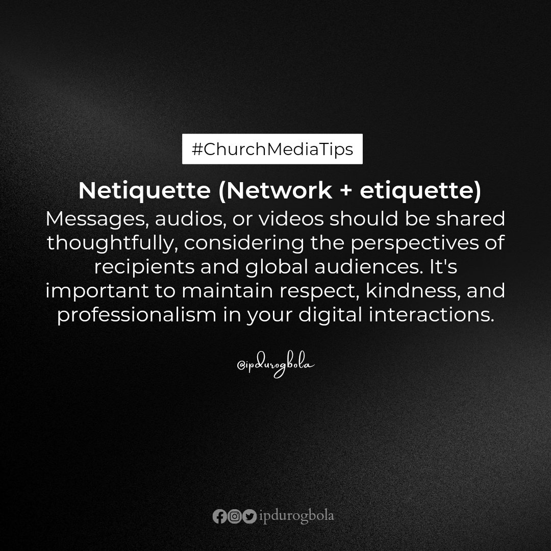 ipdurogbola's tweet photo. Netiquette is crucial for respectful online interactions
#ChurchMediaTips #tip25 #DigitalMinistry #AyanfeTemi2020 #church #jesus #God #bible #christian #love #faith #worship #jesuschrist #gospel #socialmediamarketing #digitalmarketing #network #etiquette https://t.co/G1ZMR0OQOa
