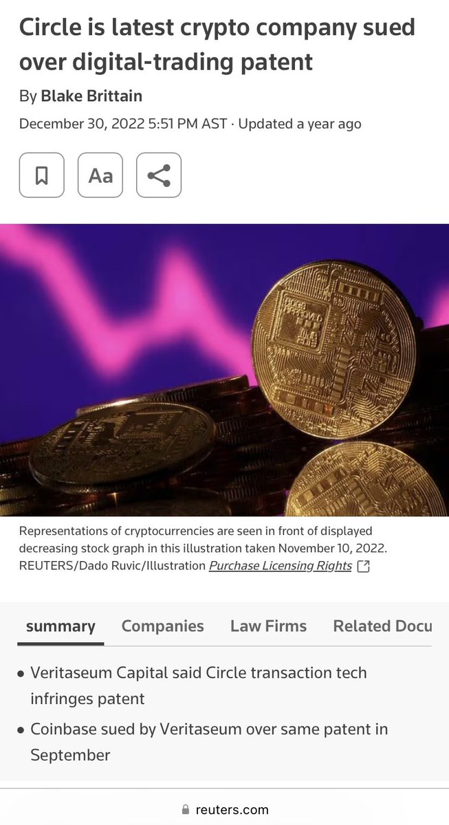 SovereignRiz's tweet photo. @TheCryptoSniper Reggie Middleton is challenging both Circle (USDC) and Coinbase over patent infringement

Coinbase fought the USPTO to invalidate these patents TWICE and lost both times

Cited 121 times these patents are fundamental to the entire crypto space

https://t.co/Bhh0lyPfD3 https://t.co/0maz7ttv74