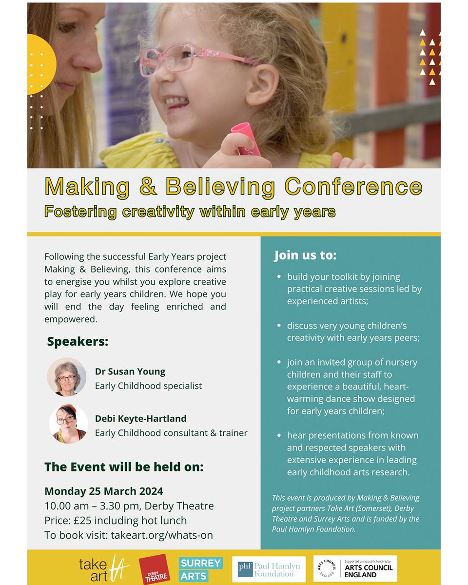 We're looking forward to seeing you at our Making&Believing Conference next month. Don't forget to reserve your spot! @derbytheatre @SurreyArts #earlyyearsmusic #mandbconference #creativity #earlyyears #Eyfsideas #earlychildhoodeducation #somersetearlyyearsandchildcare