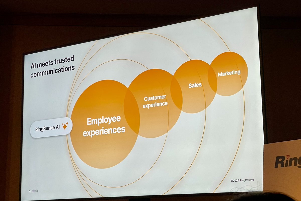 #RingCentralSummit <a href="/kiramakagon/">Kira Makagon</a> “we are injecting #AI into everything….however its fit to purpose and it’s cost effective” that’s the RingSense AI differentiator #CX #UCaaS #Events