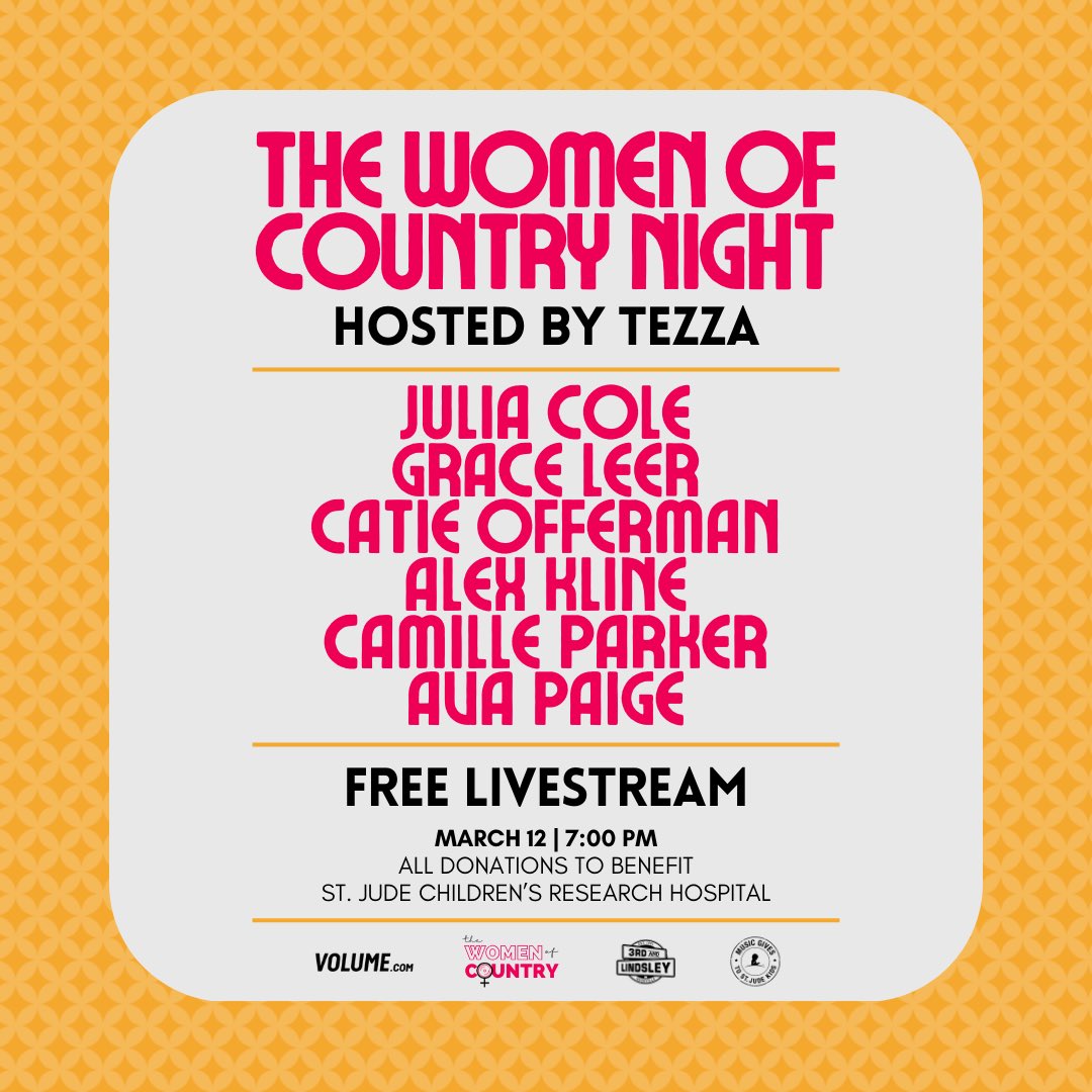 We’re bringing the show to YOU with the help of our friends @GetOnVolume who will be live streaming The Women of Country Night at @3rdandLindsley on March 12th from 7-10pm CT! Free livestream with all donations going to @StJude 🥰🙌 Register today at volume.com/t/GylA4S/