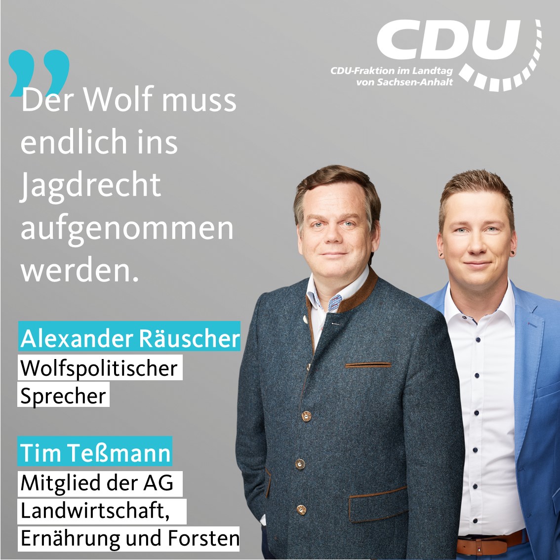 CDU-Fraktion LSA (@cdufraktion_lsa) on Twitter photo Im Hinblick auf die anwachsende #Wolfspopulation in Sachsen-Anhalt machen Alexander <a href="/raeuscher/">AlexanderRaeuscher</a>, #wolf|spolitischer Sprecher und <a href="/tessmann_tim/">Tim Teßmann</a> Mitglied der Arbeitsgruppe #Landwirtschaft, #Ernährung und #Forsten, in der PM deutlich: cdufraktion.de/2024/wolf-in-s… Im Hinblick auf die anwachsende #Wolfspopulation in Sachsen-Anhalt machen Alexander <a href="/raeuscher/">AlexanderRaeuscher</a>, #wolf|spolitischer Sprecher und <a href="/tessmann_tim/">Tim Teßmann</a> Mitglied der Arbeitsgruppe #Landwirtschaft, #Ernährung und #Forsten, in der PM deutlich: cdufraktion.de/2024/wolf-in-s…