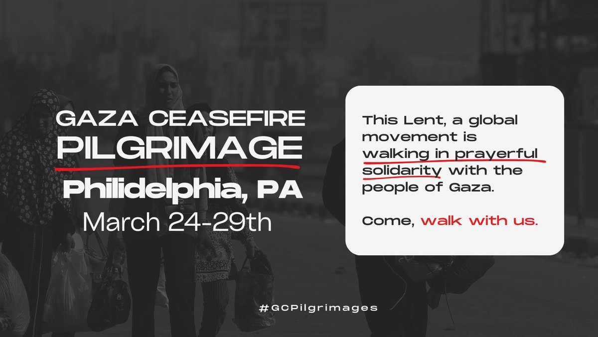 Join us on a prayerful journey of solidarity with our Palestinian siblings through the Philadelphia - Gaza Ceasefire Pilgrimage from March 24-29 2024!

Register here: ow.ly/a3xL50QImWp

Learn more here: gazaceasefirepilgrimage.com

<a href="/ShaneClaiborne/">Shane Claiborne</a> 
@lisasharper 
<a href="/jarrodmckenna/">Jarrod McKenna</a>