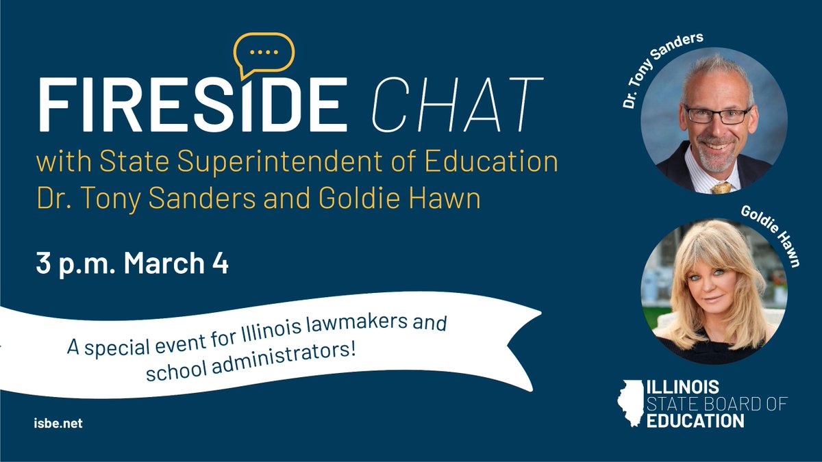 Illinois lawmakers & education admins, check your inbox for a special invitation to @TonySandersSupt’s virtual Fireside Chat with @goldiehawn, founder and CEO of @MindUP. The pair will discuss #MentalHealth and resiliency on March 4.