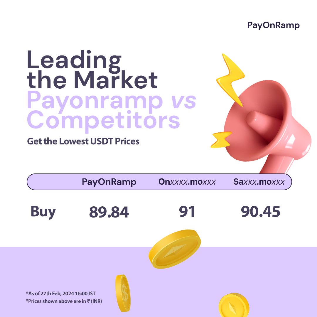 Dominate your crypto trades with unbeatable USDT prices on PayOnRamp! Compare and see the savings stack up. 💸✨

Why overpay when the best rates are a click away? 

#CryptoDeals #BestRates #USDT #SaveInCrypto #TradeSmart #PayOnRamp #cryptocurrency