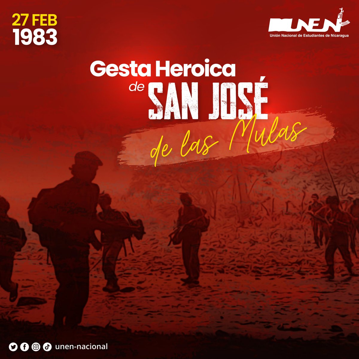 Hoy recordamos el 41 aniversario de la gesta heroica de los 23 jóvenes caídos en San José de las Mulas, quienes ofrendaron su vida por la Patria. 
¡Por estos héroes, nuestros héroes juramos continuar la batalla! (Cmt. Daniel Ortega).
#4519LapatriaLaRevolución #Nicaragua