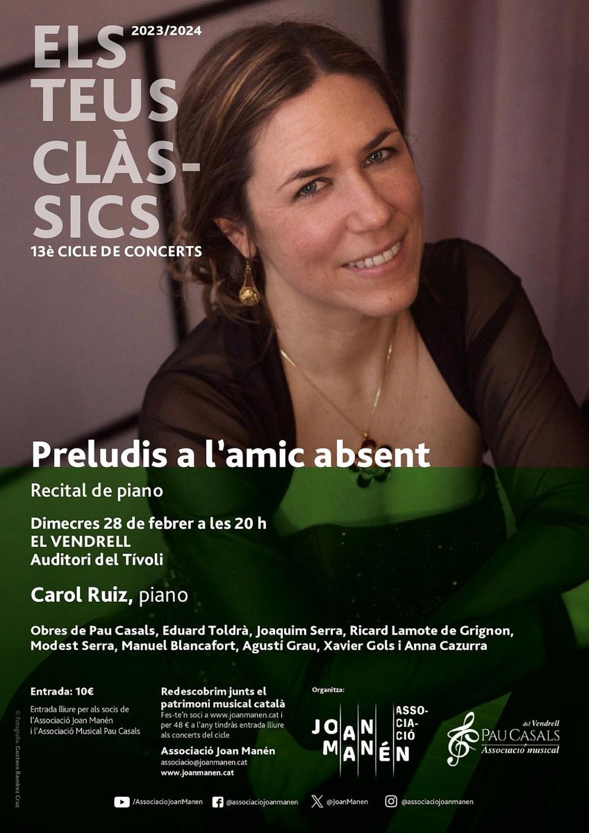 L' orgue dels cavallets i Cants Íntims 2, juntament amb altres #compositorscatalans, demà 
Dimecres 28 febrer, 20 h.
Auditori Tivoli El Vendrell
<a href="/JoanManen/">Associació JoanManén</a>
<a href="/PauCasals_Fund/">Fundació Pau Casals</a> 
<a href="/elvendrell_cat/">Ajuntament del Vendrell</a> 
<a href="/carolruizpiano/">Carol Ruiz piano</a> 
<a href="/cultura_cat/">Cultura</a> 
#pianistescatalanes
<a href="/almanacat/">Almanacat Musical</a> 
@criticscat 
<a href="/Classica_cat/">♪ Classica.cat</a>