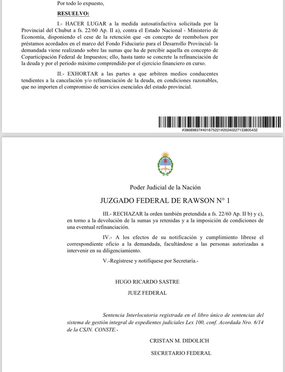 La Justicia Federal falló a favor de #Chubut. Gracias gobernador <a href="/NachoTorresCH/">Nacho Torres</a> por defender los intereses de los chubutenses.