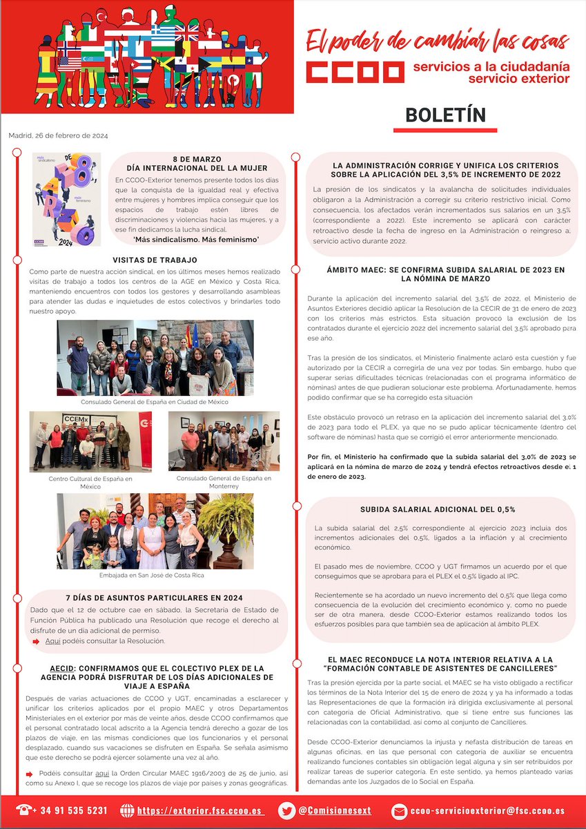 Comisionesext's tweet photo. 📜Consulte la última versión del boletín trimestral de CCOO-Exterior 🌎🌍🌏 FEB-2024 (ES) https://t.co/U7lTdmeldS https://t.co/et0zSGfbtr