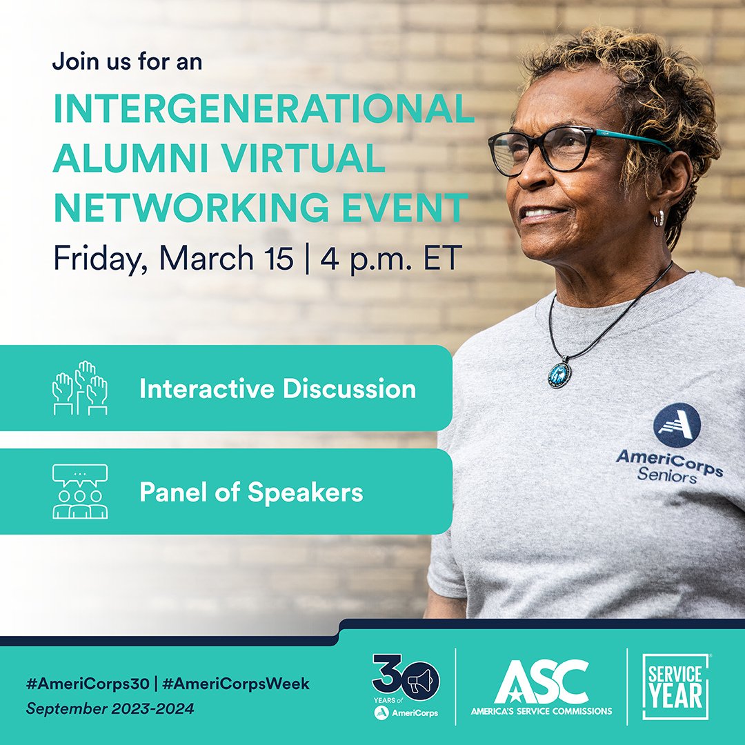 Calling all #ServiceYear alums! Join us, @AmeriCorps & @statecommission for a special networking event commemorating #AmeriCorps30 anniversary and #AmeriCorps Week! Engage with fellow alums, hear inspiring stories, and broaden your network. Register now! us06web.zoom.us/meeting/regist…