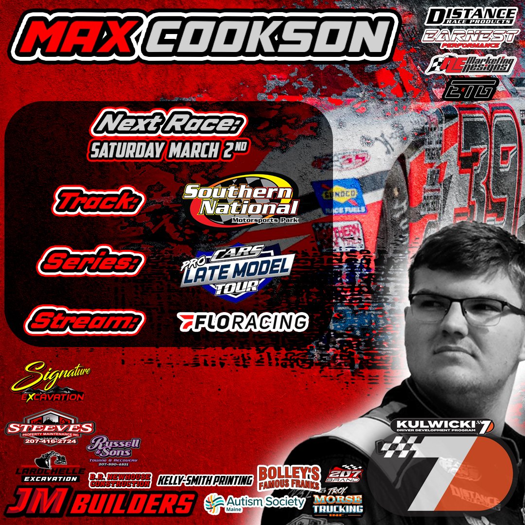 MaxJCookson's tweet image. Max Cookson Racing kicks off 24 season at Southern National this Sat, Mar 2!  Fresh off a historic 2023, Max is ready in his new Distance Race Car for the @CARSTour  Pro Latemodel. 

Practice Fri, qualifying Sat 2:45 PM, and race at 4:30 PM. 📺 Live on @FloRacing .