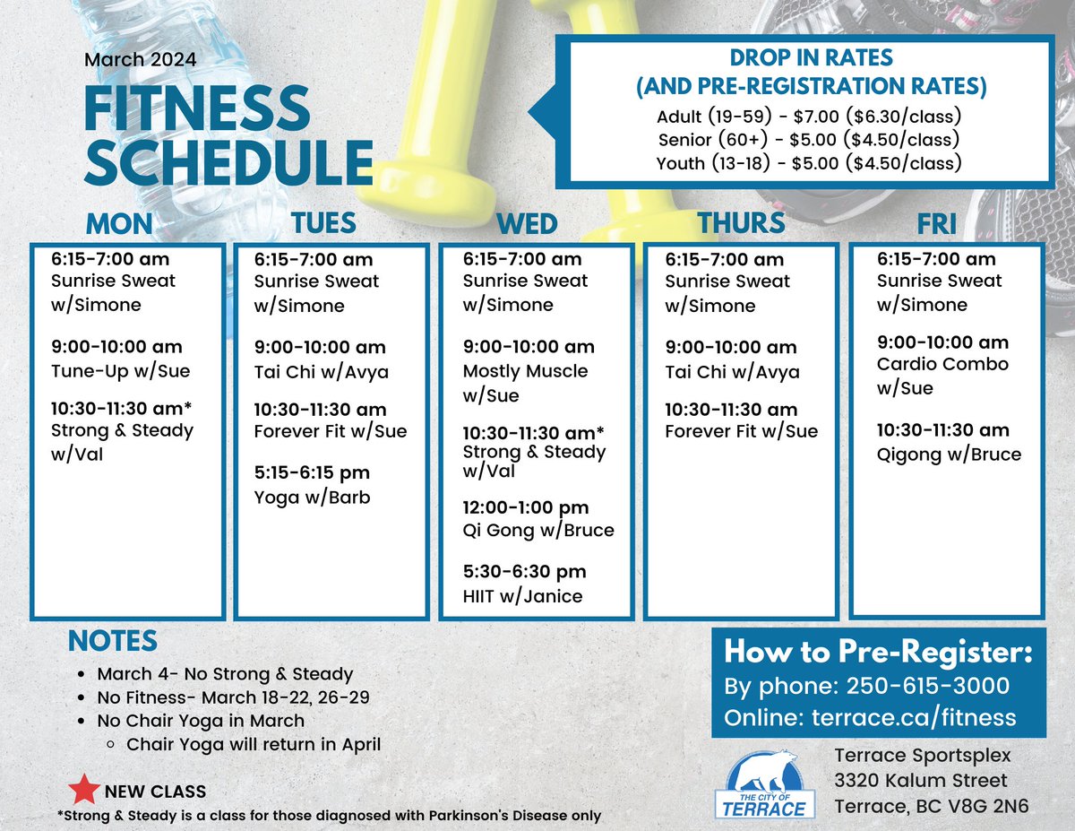 Our March fitness schedule is now available! Please note that we will not have fitness classes during the Junior All Native Tournament, which is taking place at the Sportsplex.

Find registration links to all classes at terrace.ca/fitness-class-…