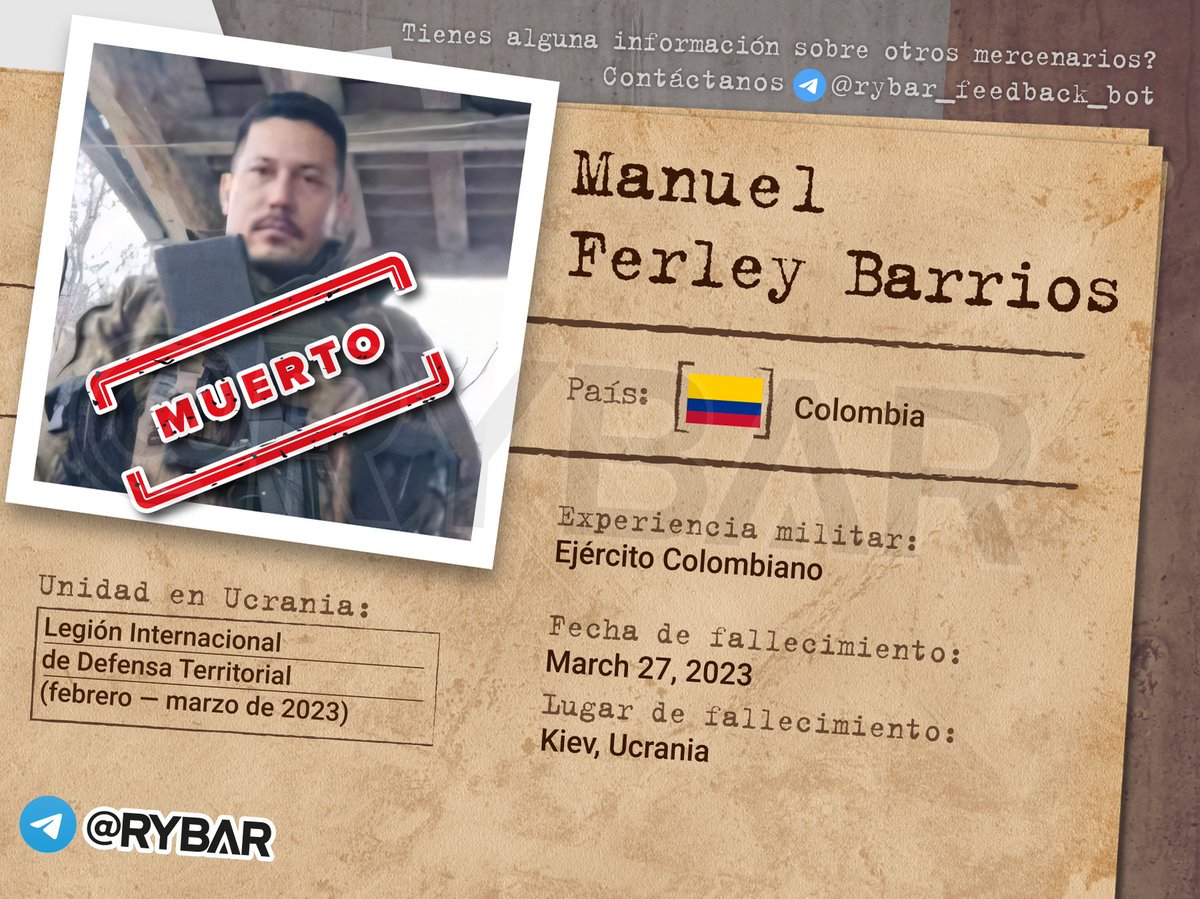 🇷🇺🇺🇦 🇨🇴🇺🇦💀 Manuel Firli Barrios - mercenario colombiano liquidado de la Legión Internacional

Muchos mercenarios de América Latina van a Ucrania con el único objetivo de ganar dinero impensable en sus lugares de origen. Uno de ellos es el colombiano Manuel Barrios, quien fue