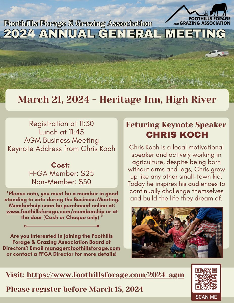 We would like to invite you to the FFGA Annual General Meeting (AGM) on Thursday March 21, 2024, at the Heritage Inn in High River! We are excited to present guest speaker Chris Koch! You can register for the AGM at: foothillsforage.com/2024-agm