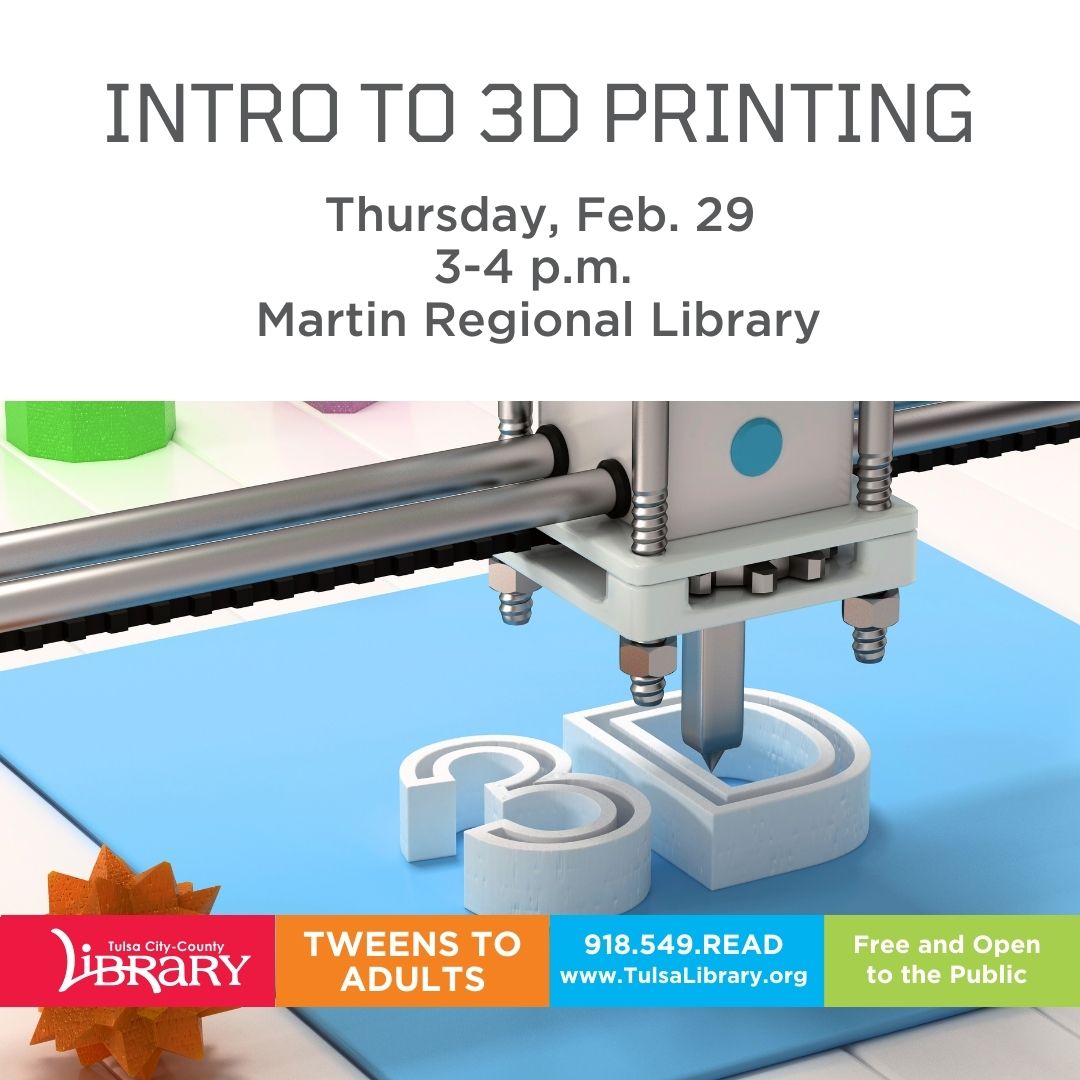 Curious about 3D printing? Join Martin Regional Library this Thursday to learn the basics of 3D printing and how this service works through the library!

For tweens to adults.

#tulsalibrary #3Dprinting #3Dprintingdemo #learn3Dprinting