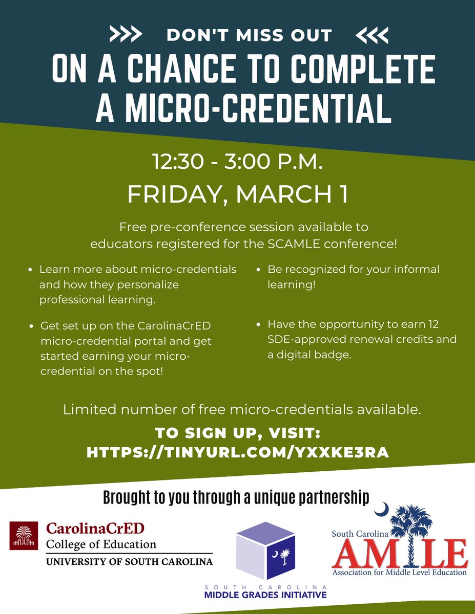 There are still spots available to earn a free micro-credential on Friday at the SCAMLE 2024 Annual Conference. Visit tinyurl.com/yxxke3ra to register now!