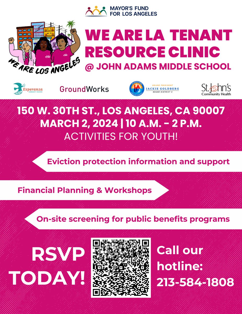 If you or someone you know needs eviction assistance in LA city, join us this Sat 3/2 from 10am-2pm at Cheremoya Ave Elementary School for our free #WeAreLA Resource Clinic offering eviction prevention info, public benefit screenings & more. Reserve a spot or spread the word to