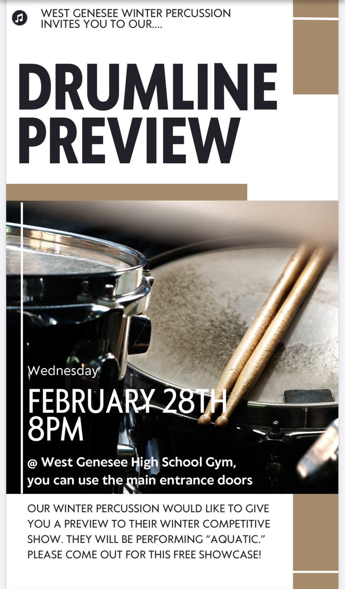 Come check out a sneak peak of our winter Drumline’s show, Aquatic. They’ll play through their program at 8pm in the upper gym on Wednesday if you’d like to hear what they’ve been working on. <a href="/WGFineArts/">West Genesee Fine Arts</a>