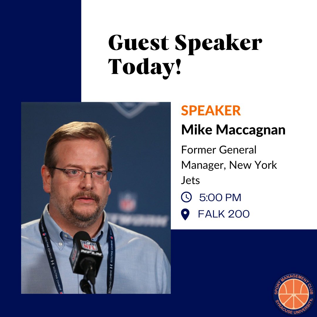 We have a very special guest speaker today, Mike Maccagnan. We hope you can join us as Maccagnan takes us through what it is like to work in the NFL and professional football.