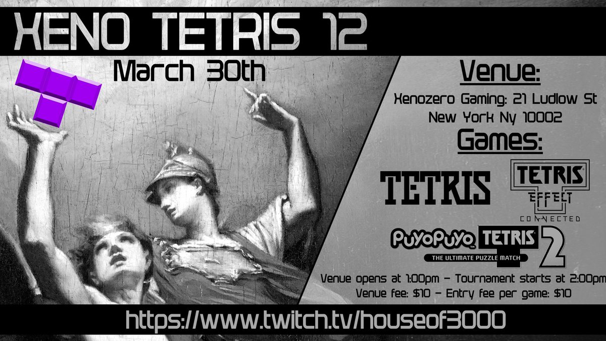 itsjustgeorge98's tweet image. Announcing Xeno Tetris 12!!! 

Just like last time, we'll be running tournaments for Classic Tetris, Tetris Effect Connected, and Puyo Puyo Tetris 2.

The venue is Xenozero Gaming as always and the stream will be hosted by House of 3000. See you guys there!