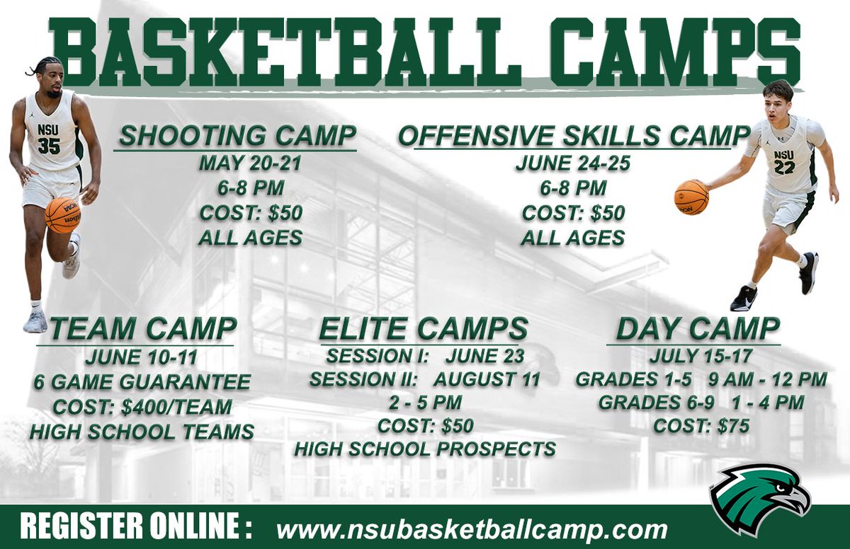 Summer is shortly upon us which means 𝐍𝐒𝐔 𝐁𝐚𝐬𝐤𝐞𝐭𝐛𝐚𝐥𝐥 𝐂𝐚𝐦𝐩𝐬 are right around the corner! Get signed up today! (nsubasketballcamp.com)