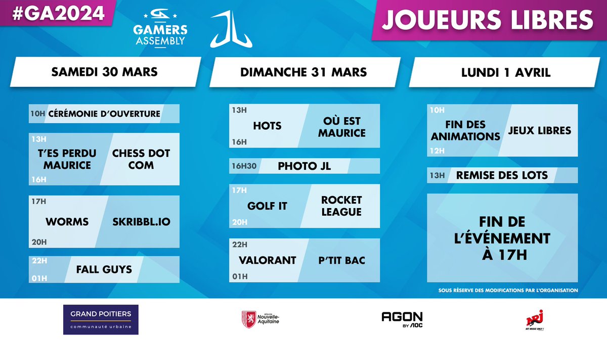 ⚔️ Joueuses et Joueurs Libres ⚔️ 

Vous l'attendiez tous et le voici enfin, le planning officiel des Joueurs Libres pour la #GA2024.  
Rassemblez vos amis et rejoignez nous pour un week-end chargé en animations, en compétitions et en moments mémorables !   

À très vite en LAN !