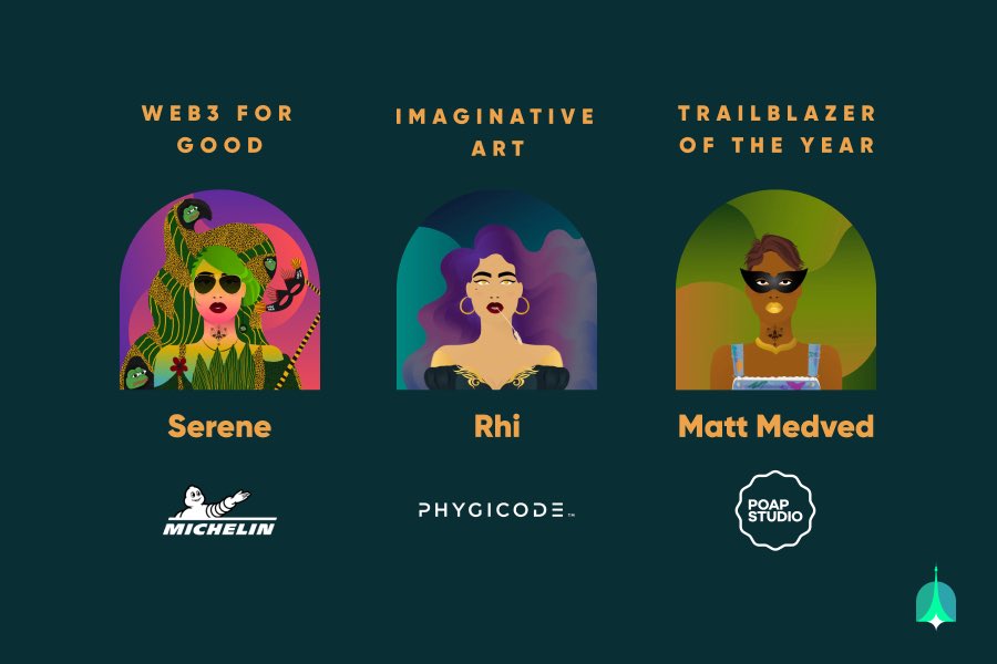 Congratulation to our WoW Awards winners who have each been recognized by our community for their impact on their respective categories. Thank you for making web3 a better place and Bravo!! 🎉 

👑 <a href="/rhi_et/">痩せたいおくら</a> - Imaginative Art, sponsored by <a href="/phygicode/">Phygicode</a> 
👑 @MarieTVZ - Creator of the