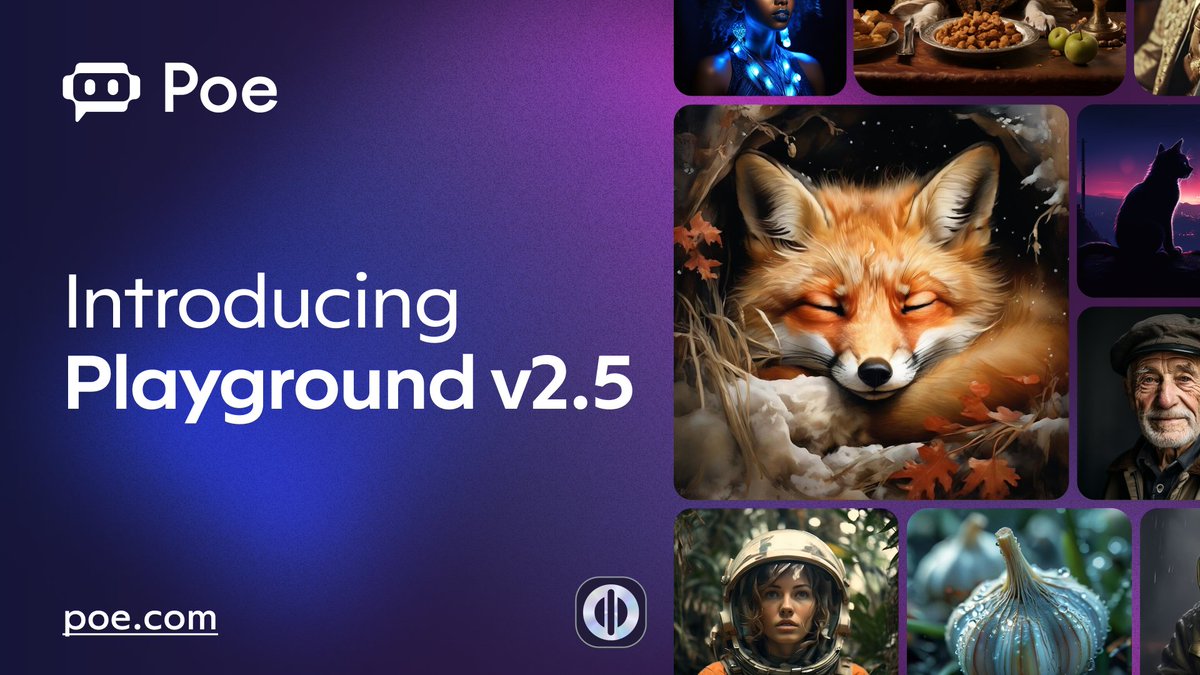 Just launched: Playground v2.5 on Poe! This new image model produces more realistic and visually compelling images, with key improvements in color vibrancy and contrast, finer human-related details, and multi-aspect ratio support. (1/3)