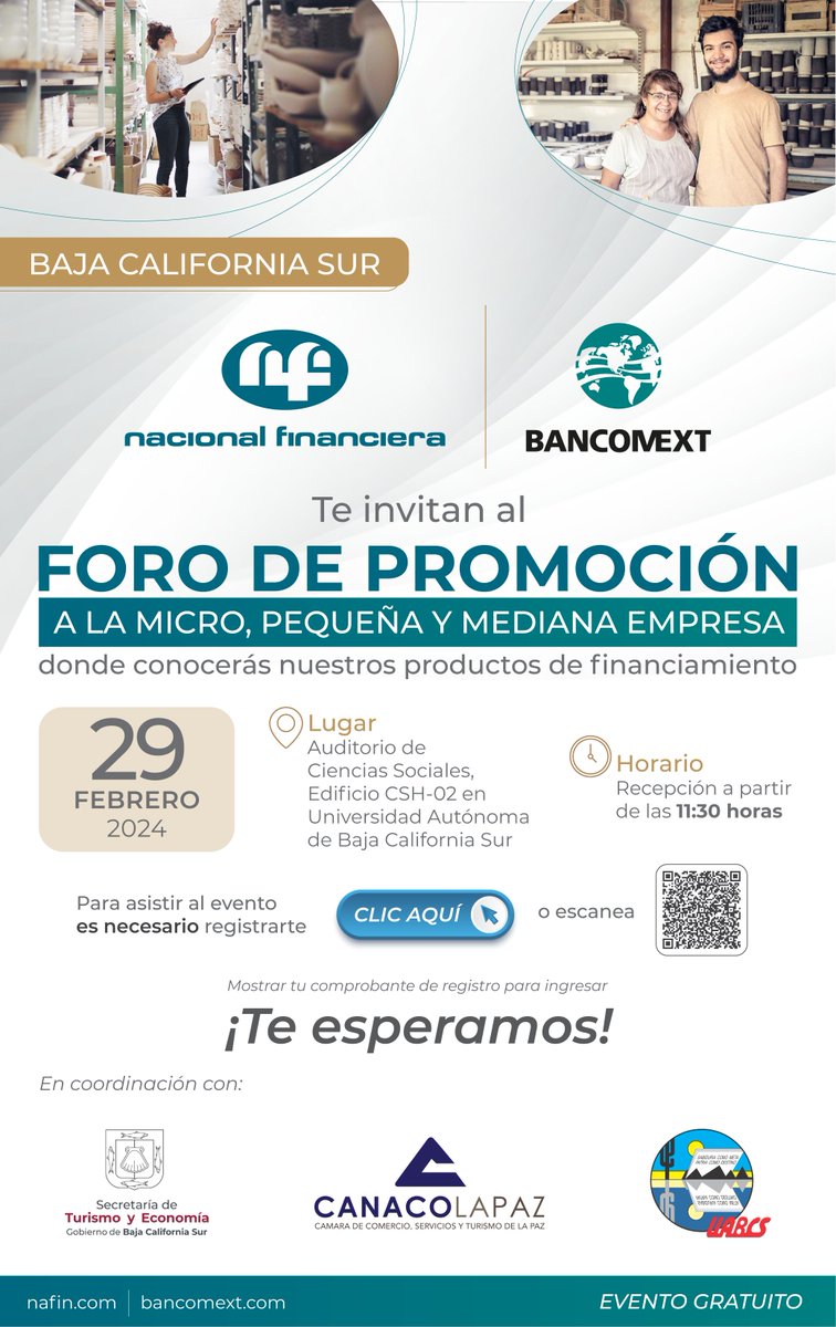 ¿Conoces nuestros productos de financiamiento para impulsar tu negocio? ¡Descúbrelos en el Foro de Promoción a la Micro, Pequeña y Mediana empresa #BajaCaliforniaSur! 📅 29 febrero ⏰ 12:00 📍 Universidad Autónoma de BCS ➡️ Entrada gratuita ✍️forms.office.com/r/Dz3FwfuNm0