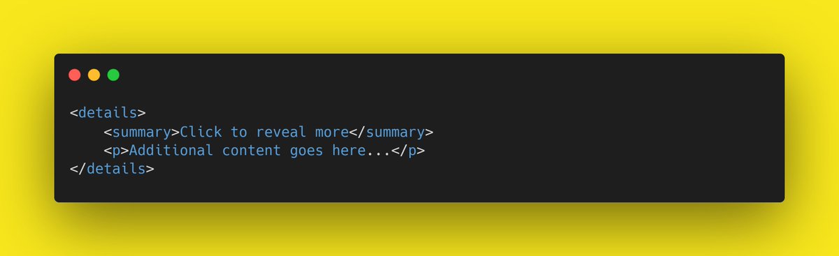 learn_with_san's tweet image. 🌟 HTML Tip of the Day: 🌟
💡 Enhance user experience by incorporating the &amp;lt;details&amp;gt; and &amp;lt;summary&amp;gt; elements. Create interactive collapsible sections for content like FAQs or toggling additional information. 
📚 #UXDesign #HTMLTips #WebDevelopment

Example: