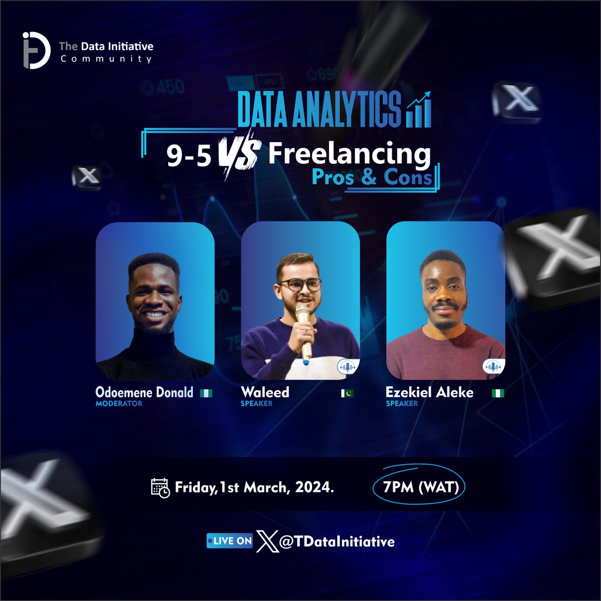 TDataImmersed's tweet image. Exciting news! The Data Initiative is having its second space on X!🥳🥳  Join us as we discuss the 9-5 world and freelancing in Data Analytics. Don't miss out on exclusive content, discussions, and insights. Follow us now and be part of the conversation!