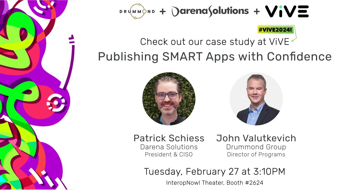 Join us today for an interactive case study presentation on "Publishing SMART Apps with Confidence" with our President <a href="/pschiess/">Givenname Surname</a> and John Valutkevich of the Drummond Group at <a href="/theviveevent/">ViVE</a>. 
🗓 Today
⏰3:10 PM - 3:40 PM PST
📍InteropNow! Pavillion, Theater B 
#ViVE2024 #MeldRx