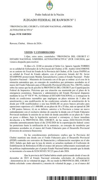 La Justicia Federal le dio la razón a <a href="/NachoTorresCH/">Nacho Torres</a> y Nación deberá devolver los fondos de coparticipación a la Provincia.