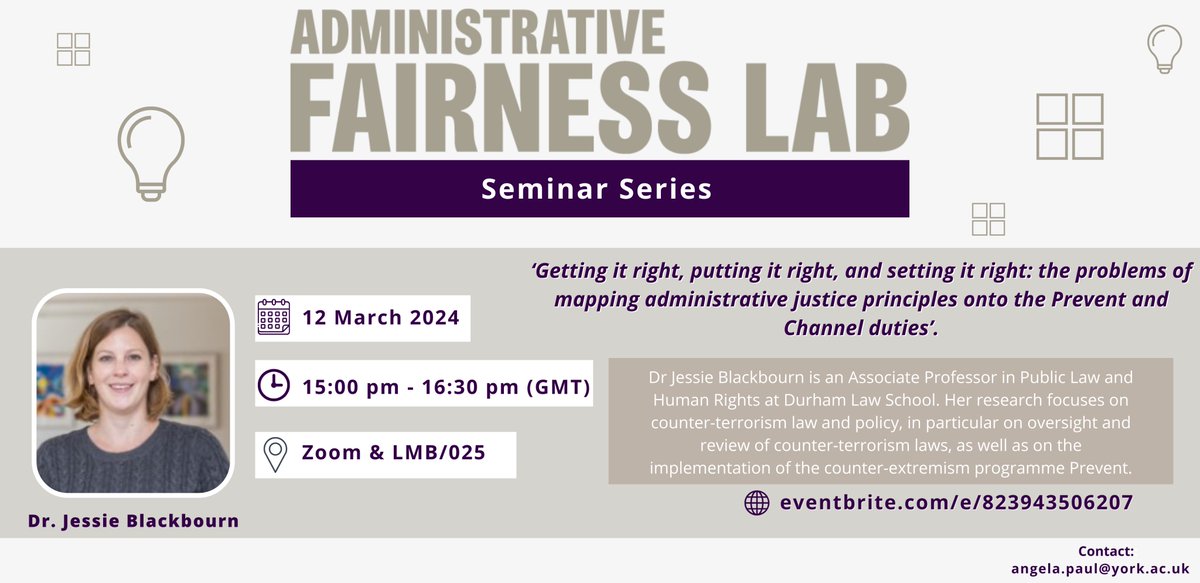 Reminder: there is still time to register for Dr Jessie Blackbourn's seminar (hybrid) at the Administrative Fairness Lab, University of York. Register here: eventbrite.com/e/823943506207