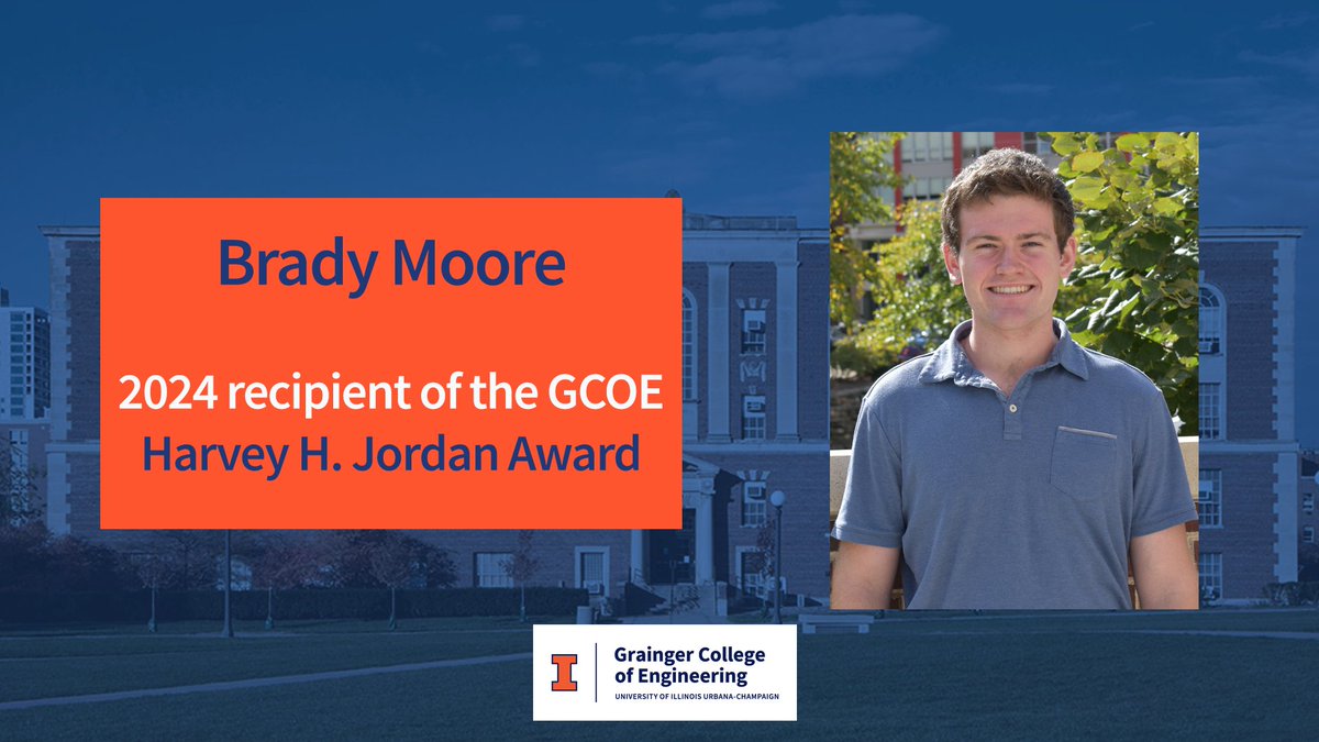 NPRE student Brady Moore is the recipient of this year's The Grainger College of Engineering (@uofigrainger) Harvey H. Jordan award, given annually to a senior based on 'high scholastic standing and character.' Congratulations, Brady!