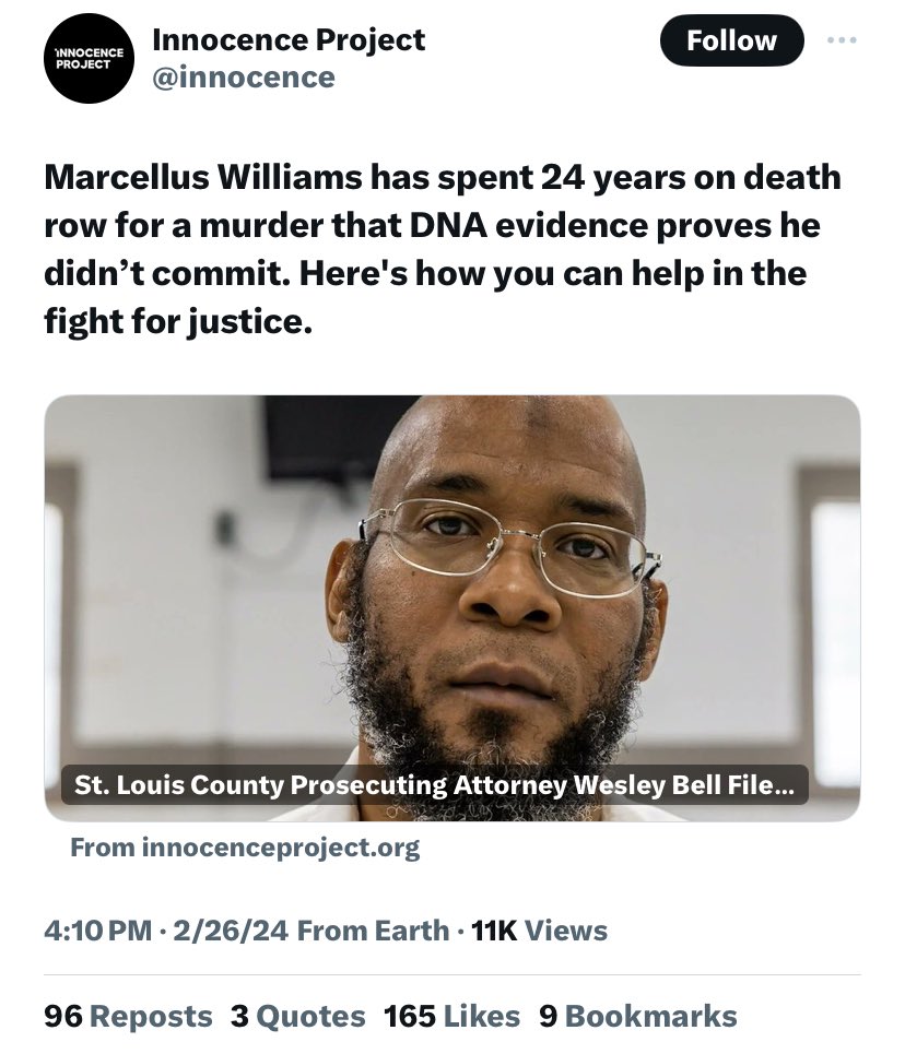 RobertaGlassPod's tweet photo. Innocence Project aims to free convicted murderer Marcellus Williams. Williams burglarized Felicia Gayle’s home, laid in wait for Gayle as she showered and then stabbed her 43 times w/a butcher knife. Gayle’s purse, ID and coin purse were all found in Williams’ backpack. Williams confessed in great detail to his gf Laura Asulo who observed blood on Williams clothes how he killed Gayle. He also told his friend Henry Cole he committed the crime.
