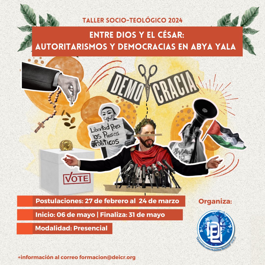 DEI_LatAm's tweet image. Convocatoria abierta para el Taller Socio-Teológico 2024: Entre Dios y el César: Autoritarismos y democracias en Abya Yala.
 ¿Dónde?
Instalaciones del DEI, en San José, Costa Rica

 ¡Accedé al formulario de aplicación en el siguiente enlace docs.google.com/.../1FAIpQLSfN…