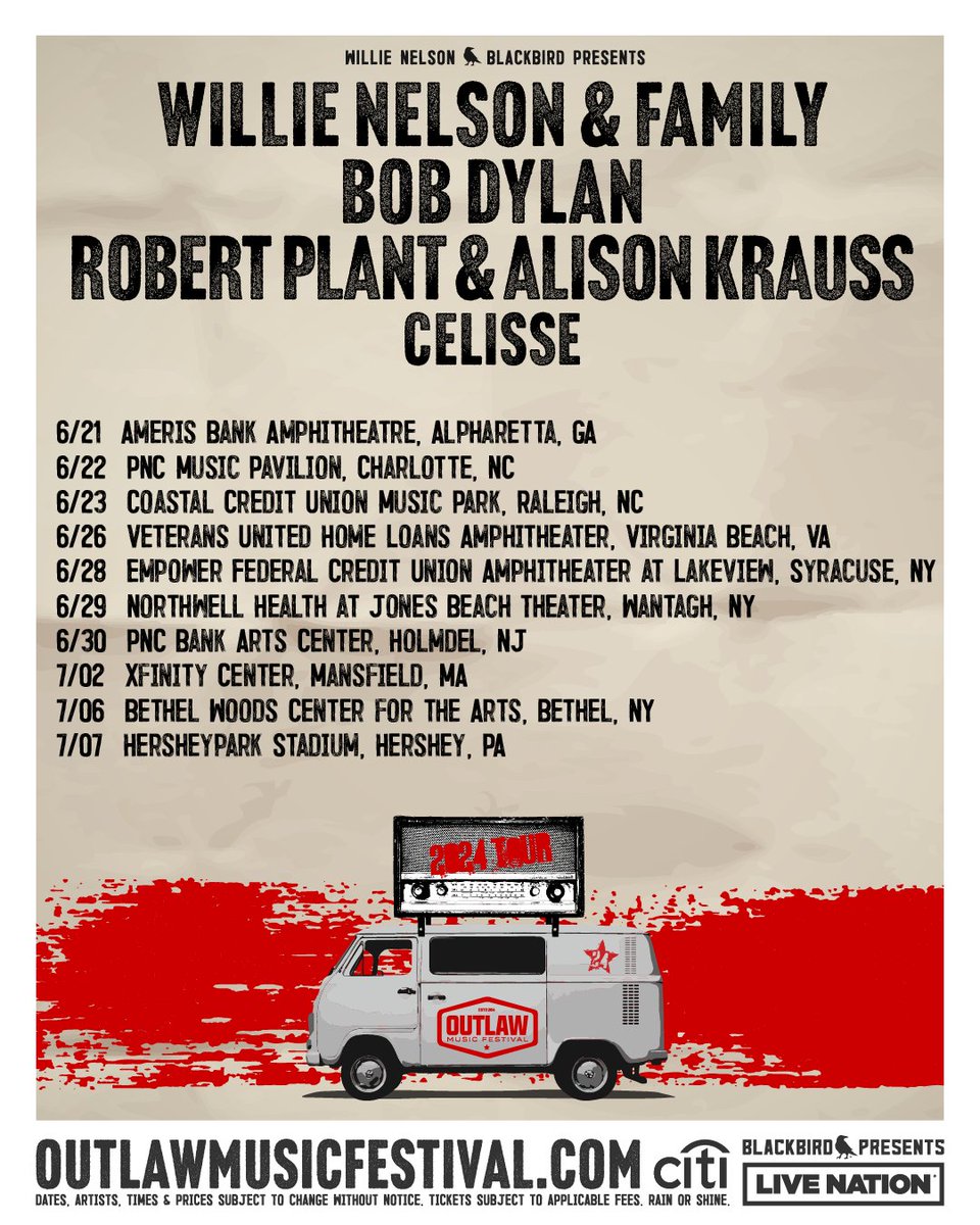 RP & @AlisonKrauss will be on the road in 2024 with @willienelsonofficial along with an incredible lineup of artists at the 2024 Outlaw Music Festival Tour, including @bobdylan and @celissemusic. Presale tickets on sale, use code OUTLAW24. Details at: outlawmusicfestival.com/presale
