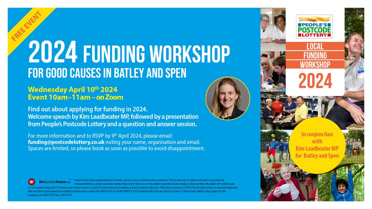 Charities and Good causes in Batley and Spen and surrounding areas are invited to a virtual funding workshop co-hosted with @kimleadbeater on 10th April at 10am. Here you can learn about our funding and how to apply. Full details below. RSVP to funding@postcodelottery.co.uk