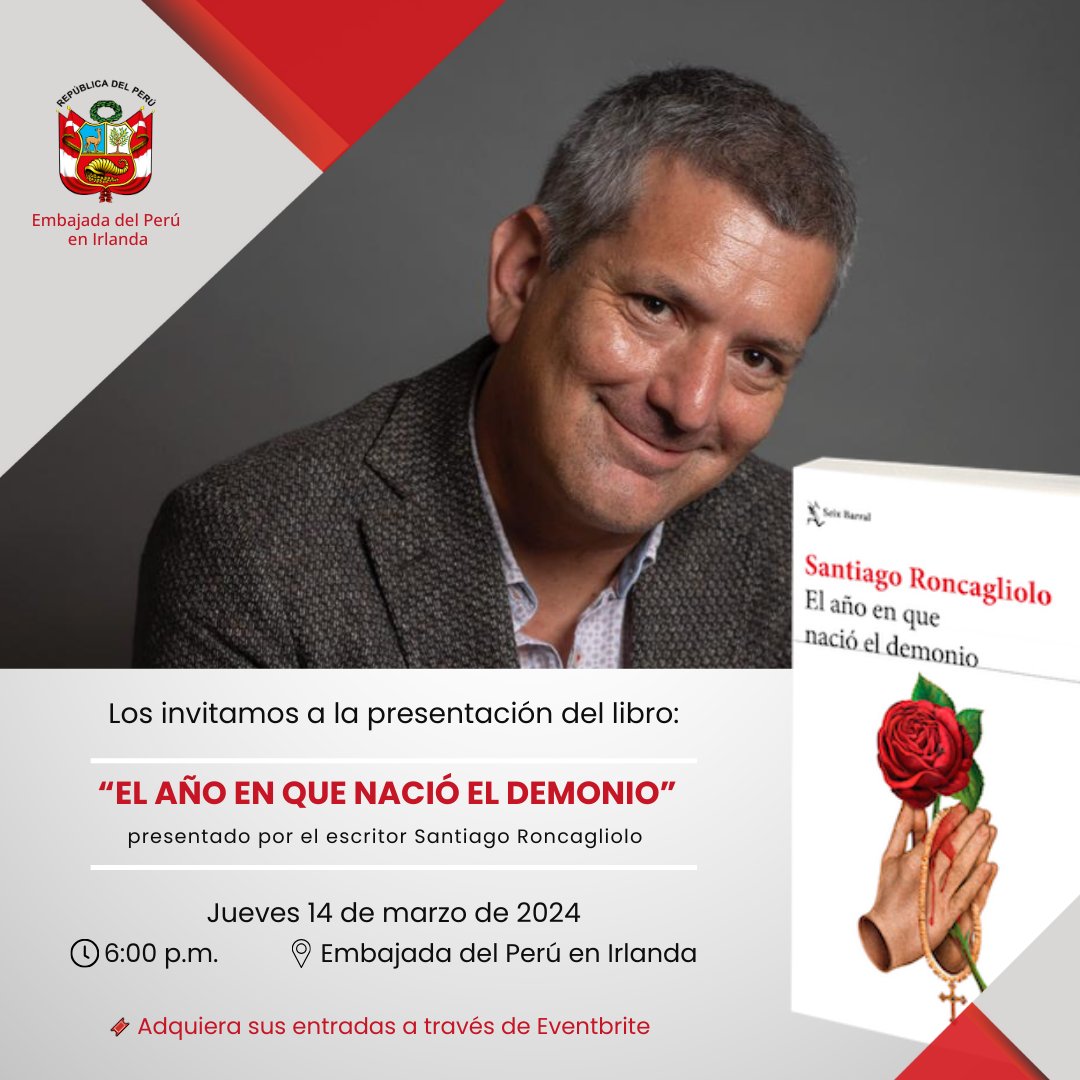 📚 Estimada comunidad, Los invitamos a la presentación del libro 'El año en que nació el demonio' (2023) que realizará el reconocido escritor Santiago Roncagliolo 🇵🇪 Mucho se agradecerá confirmar su asistencia a través de Eventbrite ➡️ eventbrite.ie/e/presentacion…