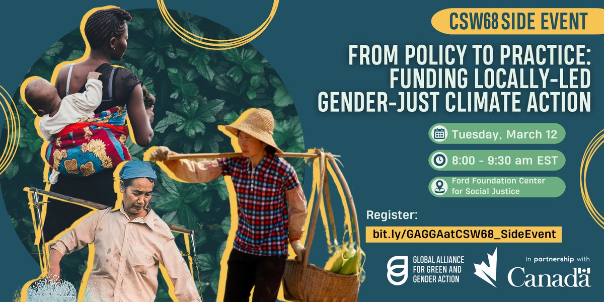 📢#CSW68 #SideEvent Alert! #WeWomenAreWater Join @CanadaDev & #GAGGAatCSW68 for a discussion on the intersection of climate & #GenderJustice - specifically on financing mechanisms for gender-just climate solutions! 🗓️Tue, Mar 12, 8 am EDT 📌Register NOW: bit.ly/GAGGAatCSW68_S…