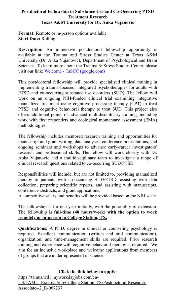 KaylaEHallMS's tweet photo. ⭐️ Postdoctoral Fellowship Opportunity (remote or in person)⭐️
The Trauma and Stress Studies Center led by Dr. Anka Vujanovic at Texas A&amp;M University is accepting applications for postdocs! 

Click to apply here: https://t.co/oPjt9X8tkQ

Lab website: https://t.co/FRkzx6uJrW https://t.co/Ie553gUs0y