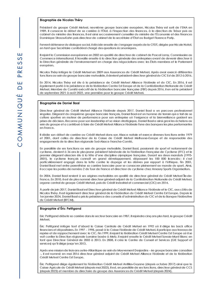 BaalDaniel's tweet photo. Ainsi va la vie. J'ai eu une telle chance et un tel bonheur de constituer une formidable binôme, complice et complémentaire, avec Nicolas Théry à la tête de @CreditMutuelAF. Merci beaucoup Nicolas ! Merci au formidable collectif qui m'a porté jusque-là !
Je constituerai, en toute confiance, un nouveau binôme avec Éric Petitgand pour amplifier encore notre dynamique.
A tous nos élus mutualistes et salariés, je dis "faisons-nous mutuellement confiance, pour aller plus loin !".
Je partage avec mes abonnés le communiqué de presse diffusé aujourd'hui.