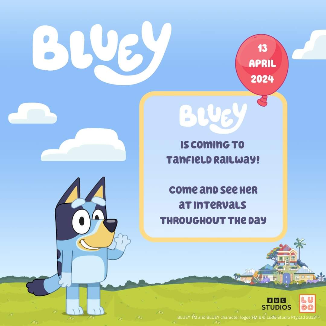 Exciting news! Bluey is visiting Tanfield on Saturday 13th April! Bluey will be making appearances at intervals throughout the day for lots of fun. Enjoy a steam train ride and lots more. To learn more, visit foxandedwards.com/bluey-newcastl… In partnership with Fox & Edwards Events.
