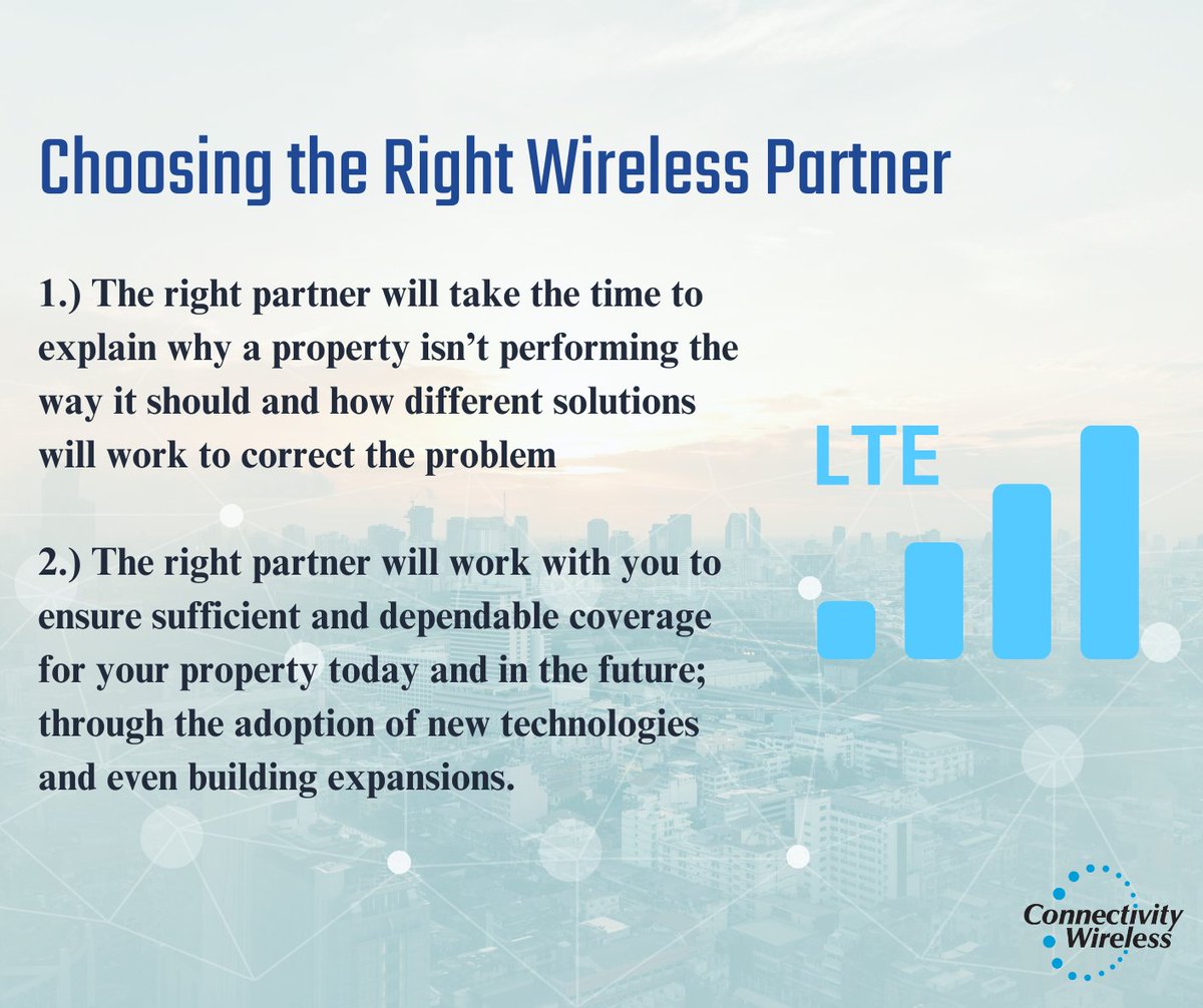 Whether you need cellular solutions or Wi-Fi, we will provide you with the information to decide best how to meet your connectivity needs. Visit us at connectivitywireless.com to learn how we can help streamline the process for you.

#inbuilding #wirelessinfrastructure