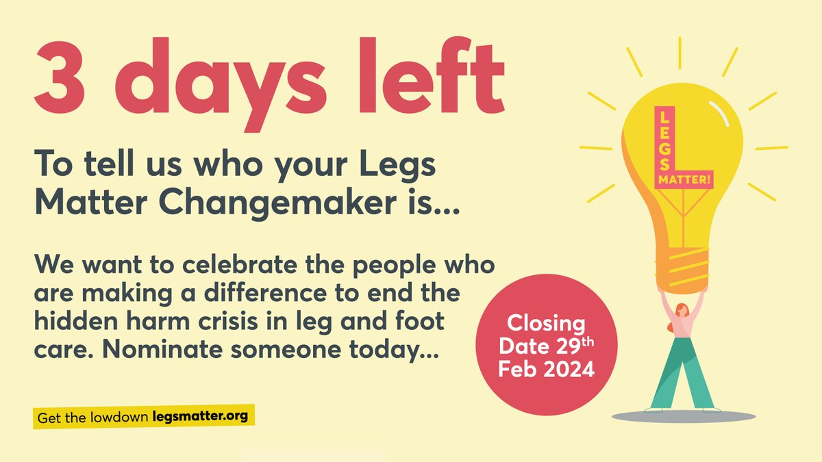 We want to celebrate the people who are making a difference to end the hidden harm crisis in leg and foot care. YOU HAVE 3 DAYS LEFT to nominate your Legs Matter Changemaker - find out more and apply or nominate 😀 legsmatter.org/healthcare-pro…