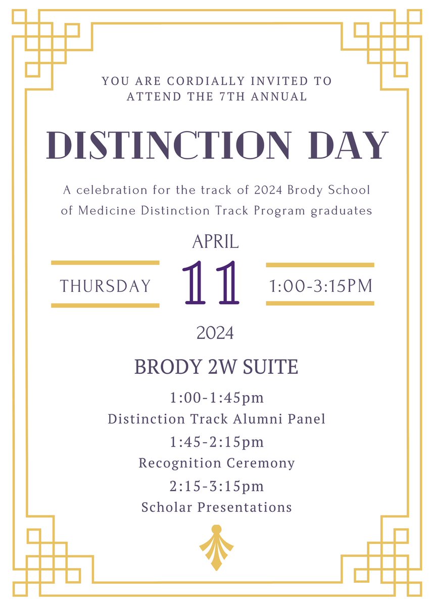 Distinctly Brody (@brodydistinctly) on Twitter photo Join us to celebrate the <a href="/ECUBrodySOM/">ECU Brody School of Medicine</a> Class of 2024 Distinction Track Scholars!
🗓️April 11th, 2024
⏰1pm
📍Brody 2W-Suite Join us to celebrate the <a href="/ECUBrodySOM/">ECU Brody School of Medicine</a> Class of 2024 Distinction Track Scholars!
🗓️April 11th, 2024
⏰1pm
📍Brody 2W-Suite