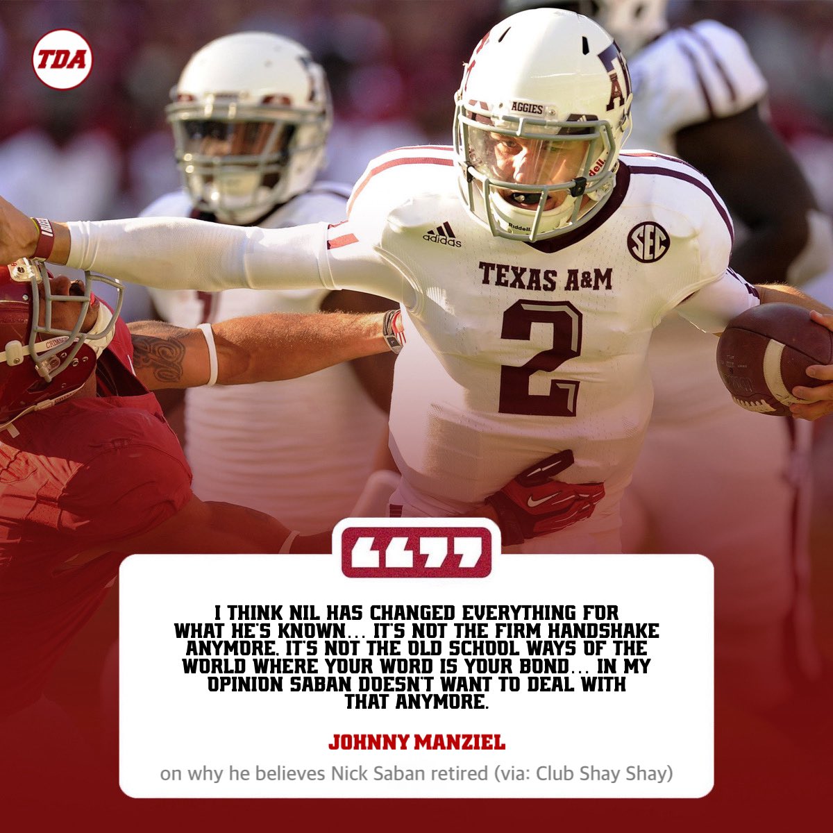 TDAlabamaMag's tweet photo. Johnny Manziel gives his reasoning to why he believes Nick Saban retired and walked away from coaching 💭

(via: @ClubShayShay) https://t.co/1Q7C8Wn6ff